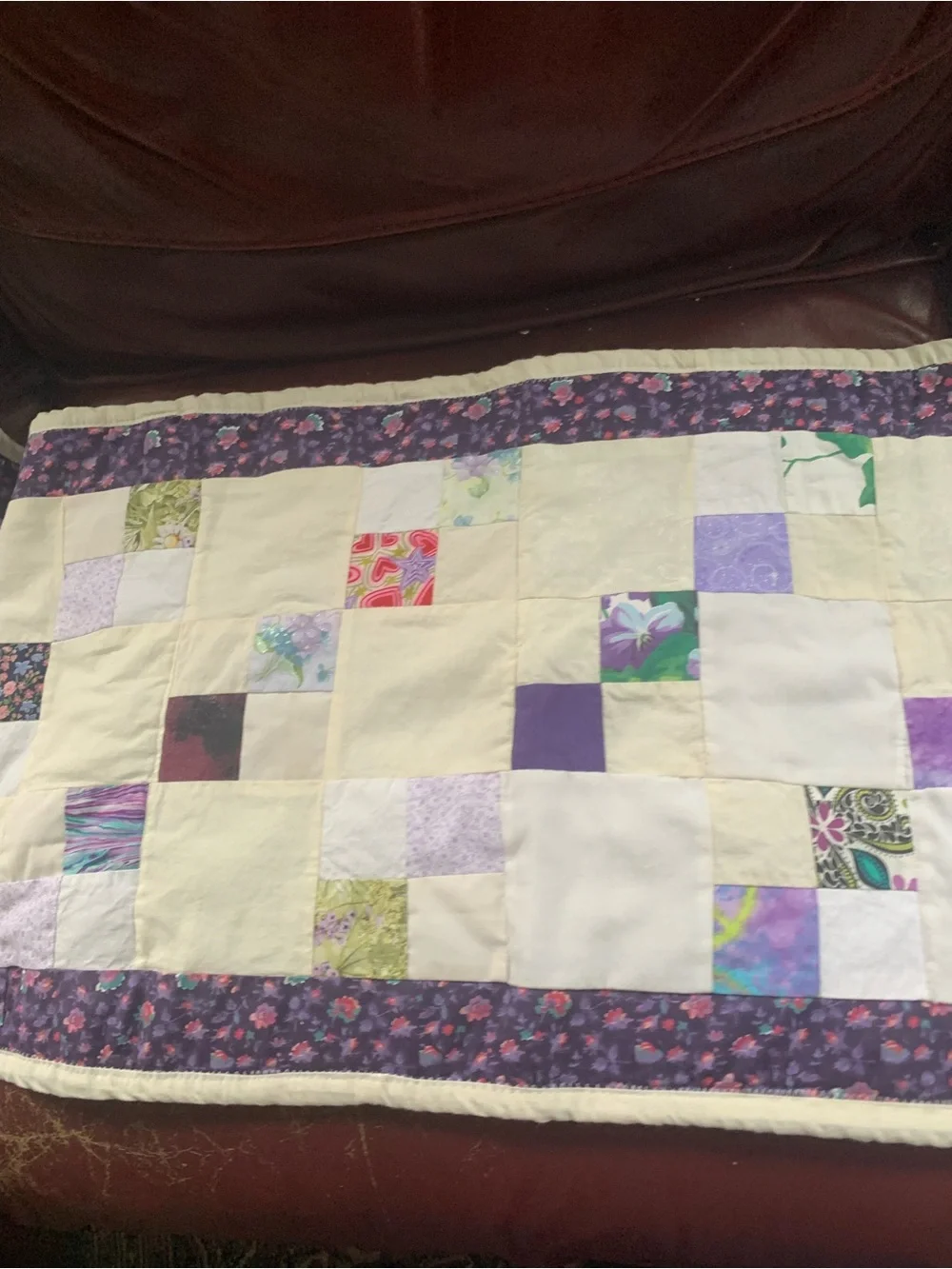 Handmade Purple Patchwork Table Runner | 68x15 Quilted Dresser Scarf Cottagecore